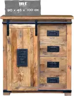 MR. DEKO Kommode Florenz aus Mango Holz | Vintage Sideboard massiv im Industrial Design | Schubladenschrank mit Schiebetür & 4 Schubladen | Highboard Kommodenschrank für Wohnzimmer Schlafzimmer