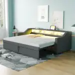 Merax Ausziehbares Schlafsofa 90/180x200 cm, Multifunktionale Staufächer, LED-Licht & USB-Buchse, mit Lattenrost, Dunkelgrau (ohne Matratze)