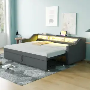 Merax Ausziehbares Schlafsofa 90/180x200 cm, Multifunktionale Staufächer, LED-Li