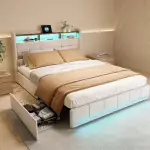 PerGar Polsterbett 140x200 cm mit LED-Beleuchtung an Kopf- & Fußteil, Stauraumbett mit 4 Metall-Schubladen, Bettgestell mit Kopfteil-Ablage & USB/Type-C, Jugendbett, Leinenstoff, Beige