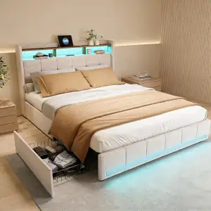 PerGar Polsterbett 140x200 cm mit LED-Beleuchtung an Kopf- & Fußteil, Stauraumbe