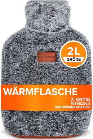 Wärmflasche mit Bezug (2 Liter) 2-seitige Wärmeflasche für Erwachsene mit weiche