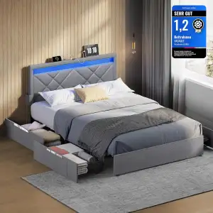 VASAGLE Bett 140 x 200 cm, Polsterbett, Doppelbettgestell, LED, Bettgestell, Met